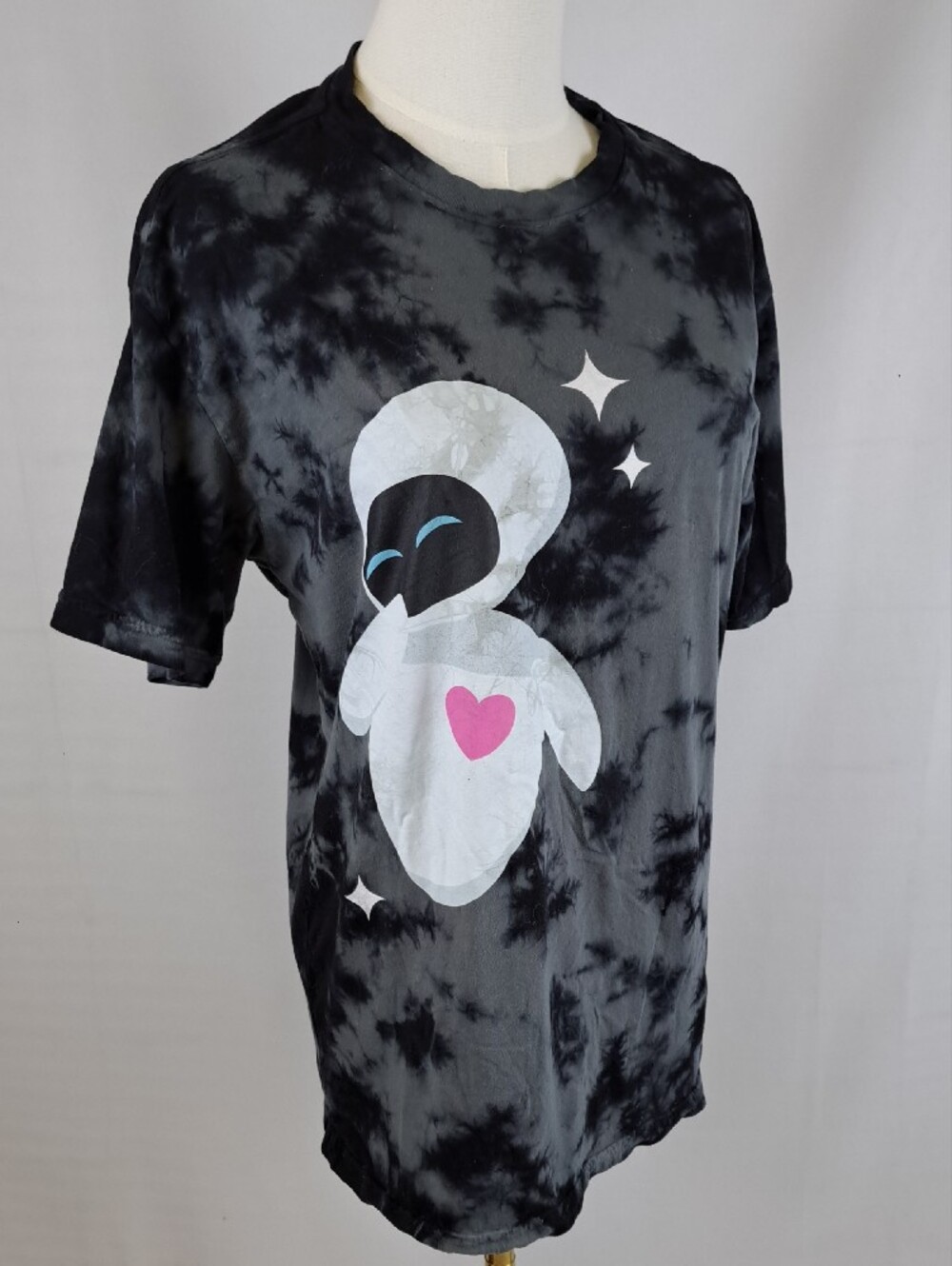 Pixar WALL-E EVE Love Heart Women's Tie Dye Graphic T-Shirt Black Grey Kawaii XS